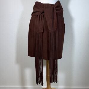 Vakko Fringe Brown Leather Suede Skirt Size 8